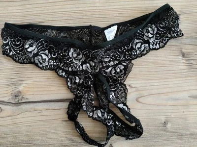 Sexy Dessous: Spitzen-Tanga - Ouvert - Silber-Schwarz Gr. XXL - Bild 1 von 4