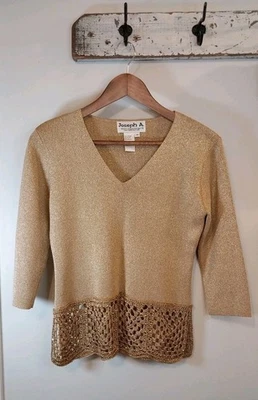 Joseph A. Top tejido elástico M para mujer mangas 3/4 dorado brillante con cuentas ganchillo Foto 1 de 4
