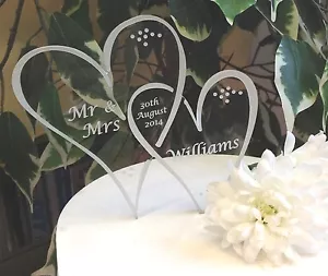 Two heart modern look mr and mrs personalised wedding cake toppers - Picture 1 of 1