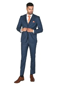 Traje ajustado para hombre a cuadros azul marino a cuadros, conjunto formal de 3 piezas se vende por separado - Imagen 1 de 10