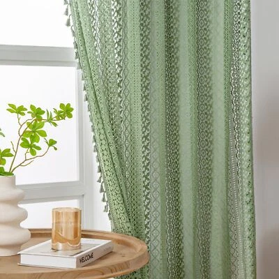Cortinas transparentes verde salvia 84 pulgadas de largo algodón ganchillo encaje cortinas boho 2... Foto 1 de 4
