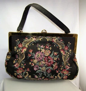 1950's Handbag Floral Cotton Tapestry Fabric Purse Brass Frame VTG West Germany - Picture 1 of 7