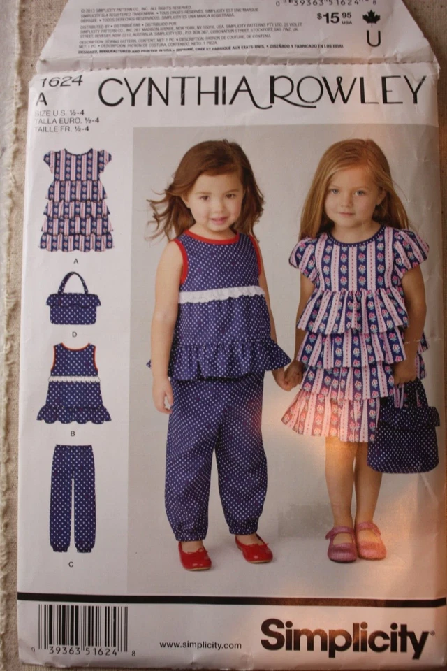 Dress, Top, Pants,Bag Toddler Simplicity Pattern 1624 1/2- 4 CYNTHIA ROWLEY - Image 1 of 4