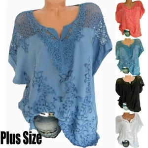 Plus Size Womens V-Neck Tops Boho Short Sleeve Ladies Casual Blouse Lace Shirt - Picture 1 of 14