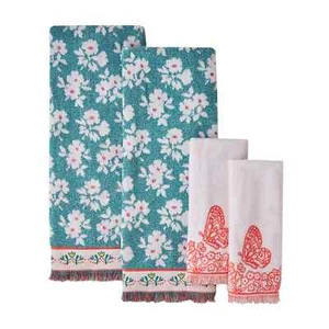 Pioneer Woman Bath Towel Set Dotted Floral Teal Thunder Cotton Coral Butterfly - Picture 1 of 5