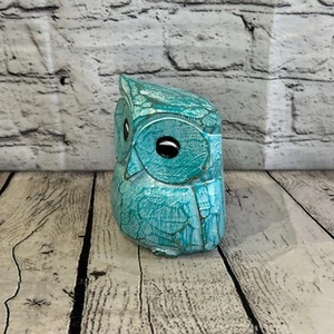 12cm x 10cm Green Flower Wooden Shabby Owl Statue Ornament Fair Trade Handcarved - Picture 1 of 11