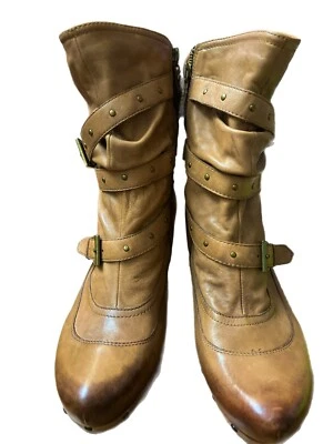 Earthies Fabienne Womens 12 B Almond Leather Slouchy Boots Studded Straps Boho - Image 1 of 4