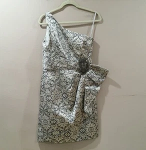 Kay unger new york size 6 one shoulder dress Jacquard gray gold Shimmer - Picture 1 of 8