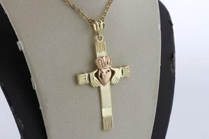 14K Yellow & Rose Gold Accent Heart & Hands Celtic Claddagh Cross Charm Pendant - Picture 1 of 9