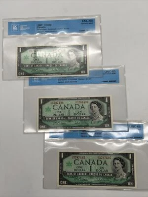 1967 Canada $1 Consecutive x3 UNC-65 GEM CCCS BC-45b Beattie-Rasminsky - Image 1 of 4