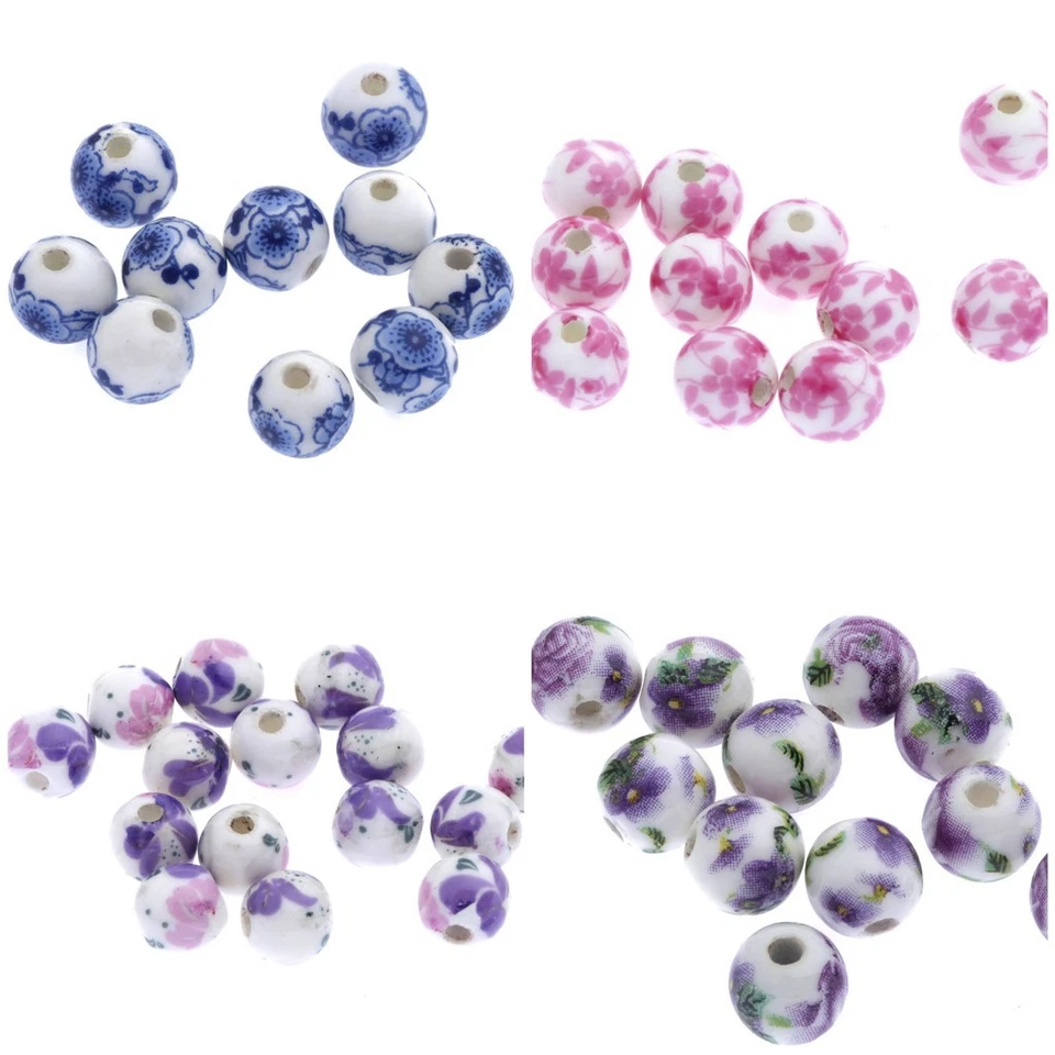 Round Porcelain Ceramic Beads Pink Blue Purple Green Floral 8mm 20 pcs - Image 1 of 1