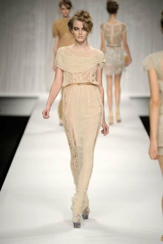 Abito Fendi Spring 2010 Nudo Crudo Strutturato Lunghezza Pavimento in Seta 38 2 CELESTE!!