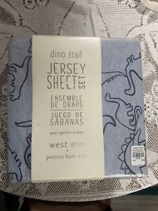 Pottery Barn Kids / West Elm Dino Trail Jersey Sheet Set-Queen- Blue/Blue