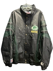 Green Bay Packers Starter Pro Line Lederjacke Schwarz Full Zip NFL XXL Vintage - Bild 1 von 17