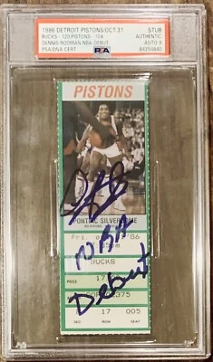 1986 Dennis Rodman NBA Debut Ticket Stub Detroit Pistons Signed PSA 9 Auto 10/31 - Image 1 of 2