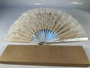 Antique Lace & Mother of Pearl Silver Sequin Hand Fan, with Orignial Box - Picture 1 of 19