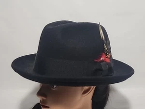 Men 's Black Fedora 100% Wool Trilby Hat Style Size L - Picture 1 of 7