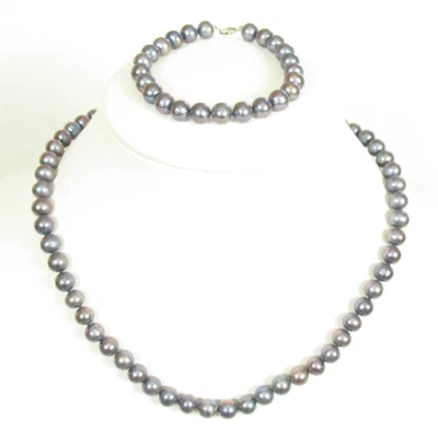 Pulsera de perlas grises naturales 7,5 - 8,1 mm 7" y collar 17,5" Foto 1 de 4