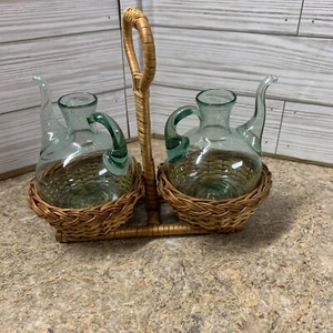 VINTAGE GREEN GLASS OIL & VINEGAR CRUET SET IN WICKER HANDLED BASKET CADDY - Picture 1 of 8