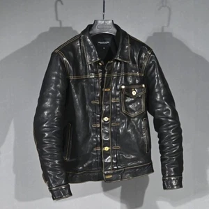 Herren 506xx Typ 1 Stil Slim Fit Plissee Bitak Horsehide Leder Trucker Jacke - Bild 1 von 17