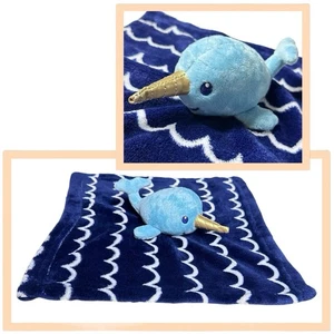 HB Narwhal Lovey Blue White Plush Security Blanket 13in Waves Nautical 52156 Toy - Picture 1 of 18