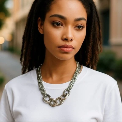 Nadri Silver Statement Necklace Multi-Strand Chain w/ Rhinestone Links - Image 1 of 4