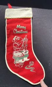 1950s Christmas Stocking Red Felt Flannel Glitter Santa Claus MERRY CHRISTMAS - Picture 1 of 9
