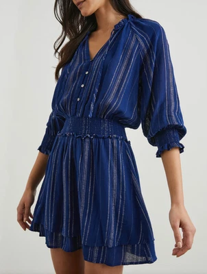 Rails Size S Crystal Dress Linen Blend Blue White Noja Stripe Smocked Party EUC  - Image 1 of 4