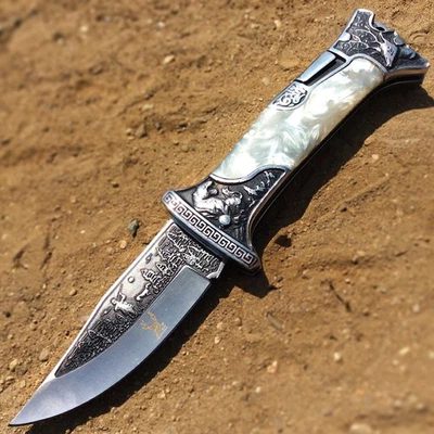TheBoneEdge 9" Classic Western Folding Knife 3CR13 Stainless Steel Pearl Handle - Image 1 of 4