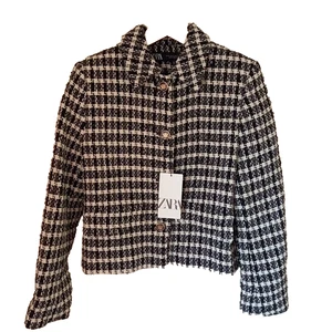 Zara XS UK 8 Textured Short Blazer Jacket Ecru Black Embossed Buttons BNWT - Picture 1 of 10