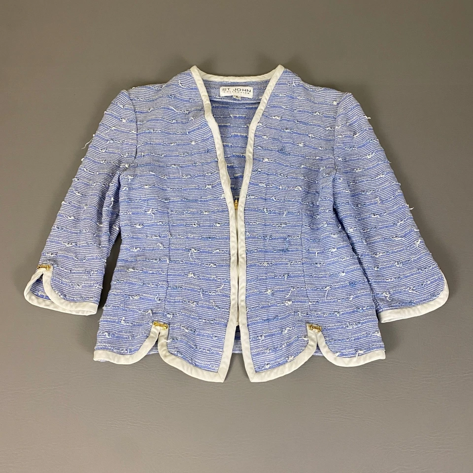 Chaqueta Blazer Tejida Tweed Colección St John Talla 8 Azul Blanco Borde Elegante Defecto* Foto 1 de 4