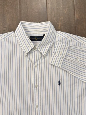 Camisa Ralph Lauren Calce Clásico Para Hombre Talla 16.5 Rayas Blancas Abotonadas Azul Pony Foto 1 de 4
