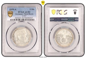 PCGS AU53 5 MARK 1939 A SWASTIKA Germany Third Reich Silver Coin J-367 WW2 5 Mk - Picture 1 of 1