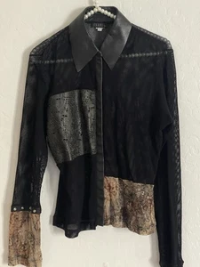 Isabel Leather & Mesh Button-Up Blouse Womens Larhe Black Abstract Panel Top - Picture 1 of 6
