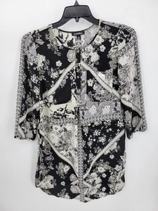 Roz and Ali Top Damen Medium schwarz weiß Blumen Mixed Print Boho Artsy Tunika - Bild 1 von 10