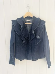 Zara Denim Shirt Top Size M Dark Blue Ruffle V Neck Long Sleeve Button Up - Picture 1 of 15