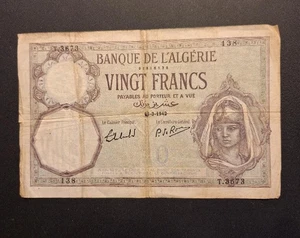 1942 Algeria 20 Francs Pick# 78c - Very Nice Circ Collector Banknote-c6737xcn - Picture 1 of 2