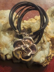 Bat Ami Pendant Necklace Sterling Silver Electroform Rose on A Leather Cord - Picture 1 of 13