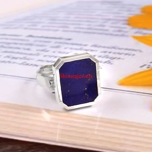 Naturale Lapislazzuli Gemma Con 18K Placcato Oro Bianco Argento Uomo Ring #1078 - Foto 1 di 11