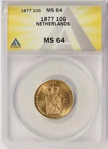 1877 Netherlands Gold 10 Gulden ANACS MS64 - Picture 1 of 4