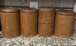 Vintage Cornwall Stackable Wooden Canisters 5 Piece Set MCM Danish Cookie Jar - Picture 1 of 12