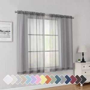 Tende Voile Trasparente Lunghezza 54", 2 Pannelli, Filtro Luce, Tasca Asta, Grigio - Foto 1 di 7