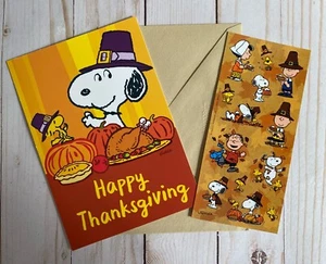 Happy Thanksgiving Card Snoopy + Woodstock Turkey Pumpkins + Stickers New - Picture 1 of 6
