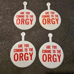 Vintage Are You Coming to the ORGY  Tin Tags Set of 4 Risque Swinger Tab Button - Picture 1 of 9