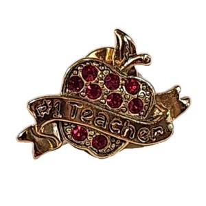 Vintage AVON #1 Lehrer Apfel Strass Anstecknadel rot goldfarben - Bild 1 von 8
