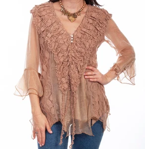 Honey Creek Scully Beige Lace Crochet Sheer 3/4 Sleeve Tunic Blouse sz S - Picture 1 of 13