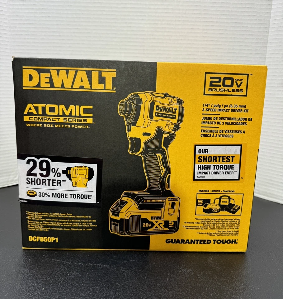 DEWALT ATOMIC 20V 1/4" IMPACT DRIVER KIT W/ BAG, 5Ah BATTERY & CHARGER DCF850P1 - Image 1 of 1