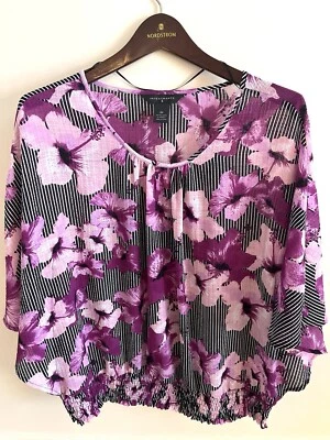 Investments Plus Size 2X Floral Kimono Top Elastic Hem 3/4 Sleeve Pink Purple - Image 1 of 4