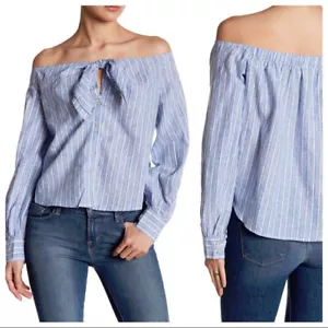 Free People Top blu a righe Hello There cravatta di lino davanti spalle scoperte L - Foto 1 di 10