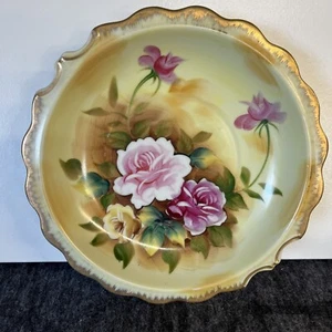 Vintage Hand Painted Enesco Japan Floral Shallow Bowl/ Plate Gold Trim - Picture 1 of 15